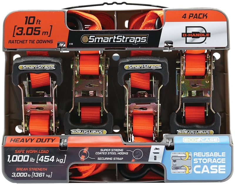 10 ft Ratchet Tie-Down Straps 3000 lb Break Strength 4 Pack Orange