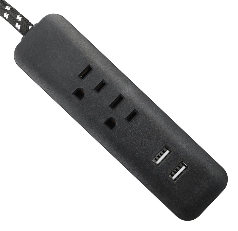 6 ft Black/White Extension Cord with 2 Outlets & 2 USB