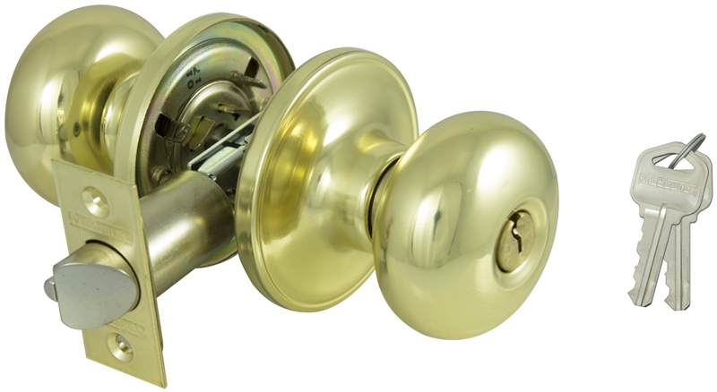 Tubular Keyed Entry Door Knob Set, Polished Brass