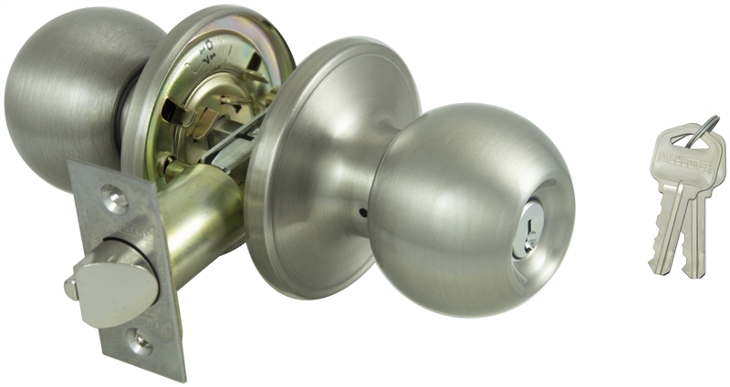 Tubular Keyed Entry Door Knobset, Satin Brass, Adjustable Latch