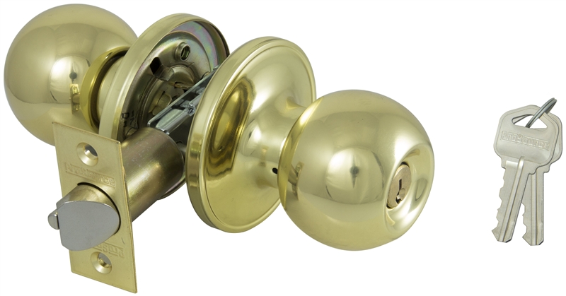 Tubular Keyed Entry Door Knob Set, Polished Brass