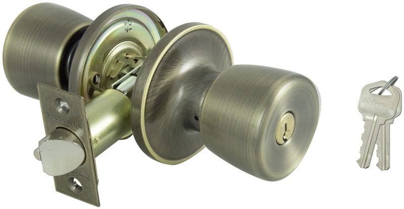 Tubular Keyed Entry Door Knob Set Antique Brass 6-Way Adjustable Latch