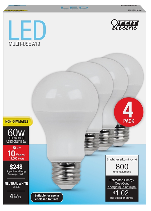 A19 LED Bulb 60W Equivalent 8.5W 3500K Neutral White E26 4-Pack