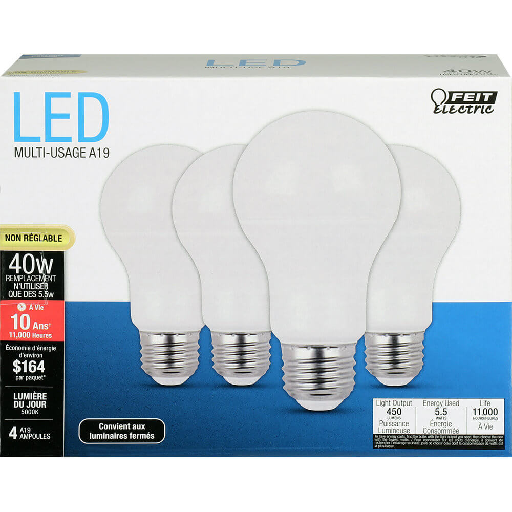A19 LED Bulb 40W Equivalent Daylight 5000K Non-Dimmable 4-Pack