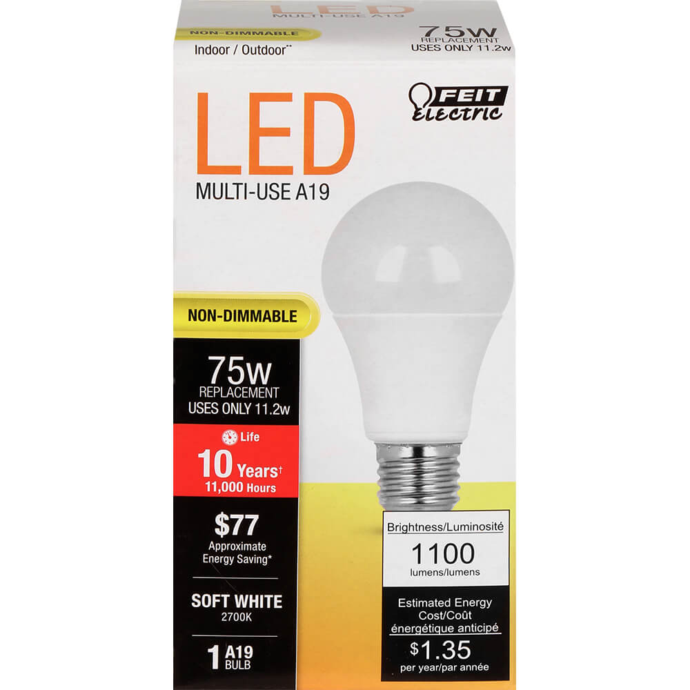 A19 LED Bulb 75W Equivalent 2700K Soft White Non-Dimmable 1100 Lumens