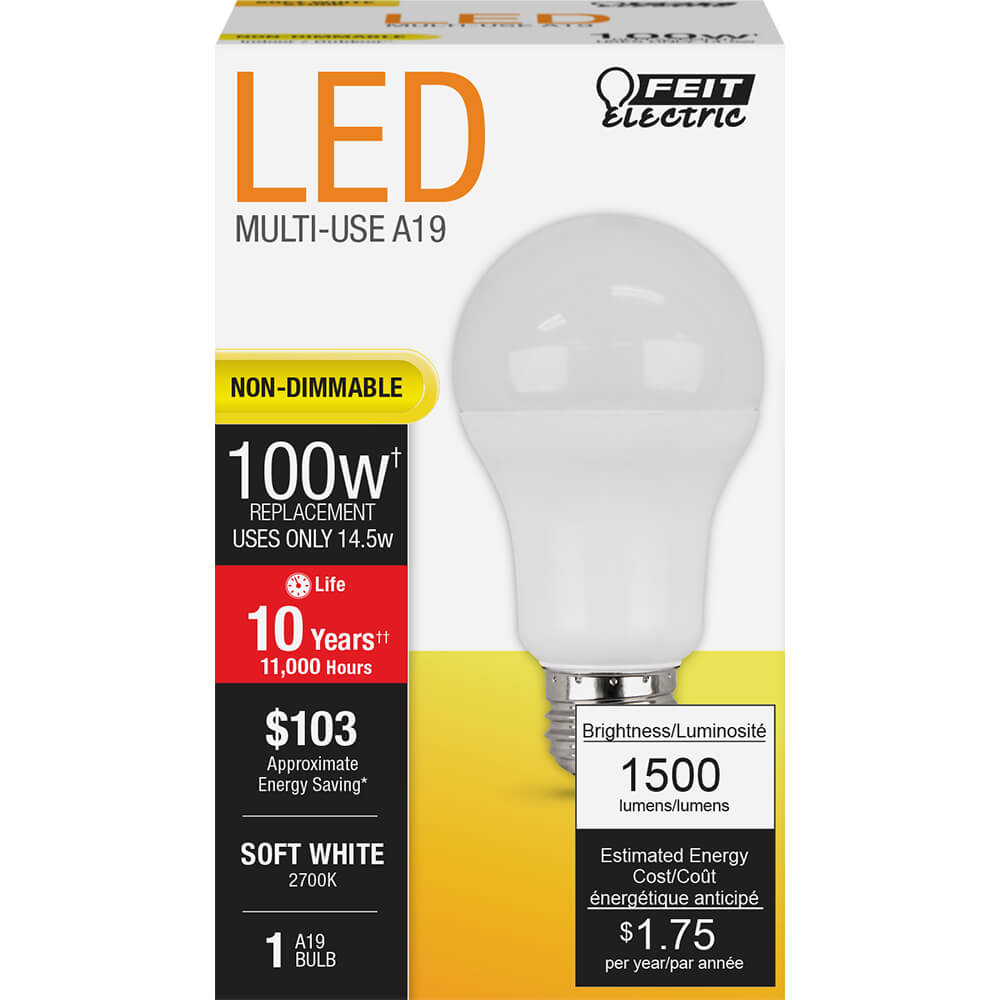 A19 LED Bulb 100W Equivalent 2700K Soft White E26 Non-Dimmable