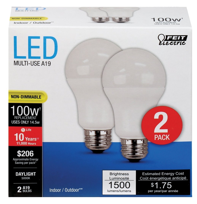 A19 LED Bulb 100W Equivalent Daylight 5000K Non-Dimmable 2-Pack