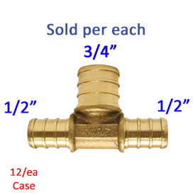 Brass PEX-B Tee, 1/2 x 1/2 x 3/4 in